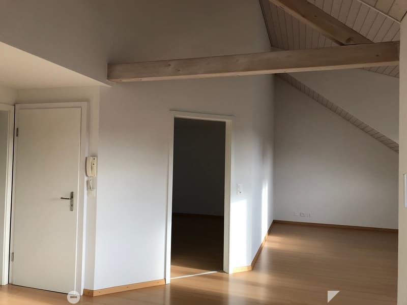 Empty room with light wooden flooring, white walls, and a slanted ceiling. Features include a white door, a telephone, and an open doorway leading to another dark room.