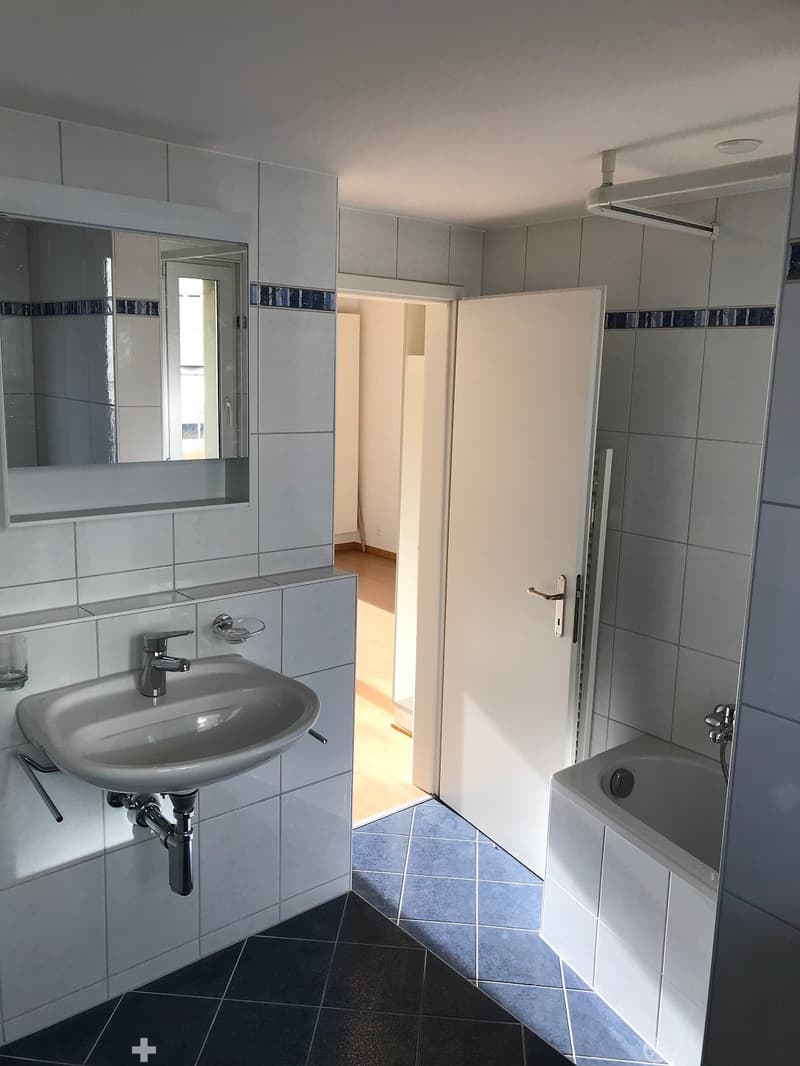 Modern bathroom with a white sink, chrome faucet, bathtub, and large mirror. The walls are tiled in light grey with dark accents, and the floor is dark tiled.