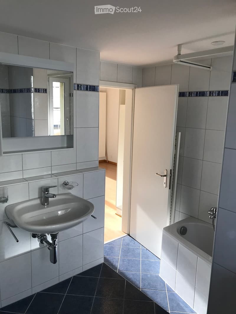 Modern bathroom with a white sink, chrome faucet, bathtub, and large mirror. The walls are tiled in light grey with dark accents, and the floor is dark tiled.