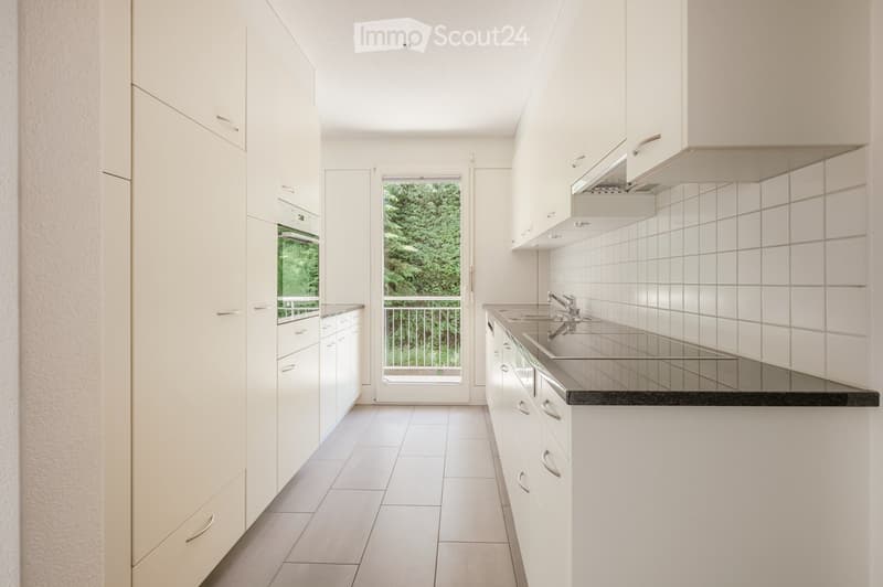 Modern kitchen with white cabinets, a black countertop, and a sink. A sliding door leads to a balcony with greenery visible outside.