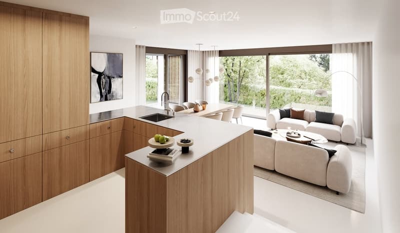 open plan kitchen and living room, wooden cabinets, large window, couch, dining table, chandelier