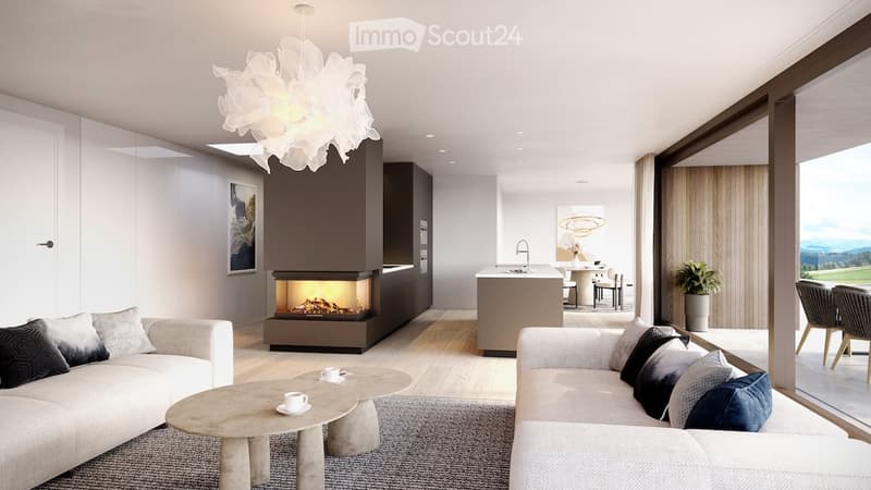 modern living room with white walls, wood floor, fireplace, couches, tables, pendant light