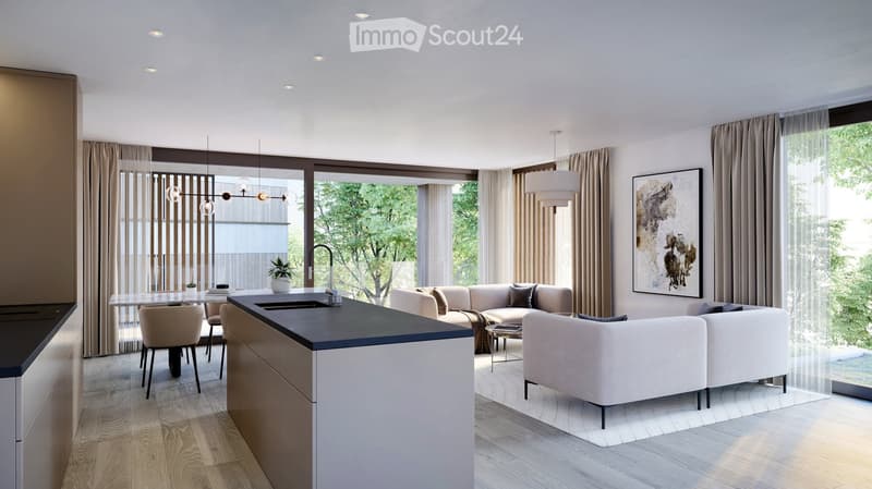 modern kitchen with island, dining area, living room with couches, large windows, wooden floor, plants, artwork