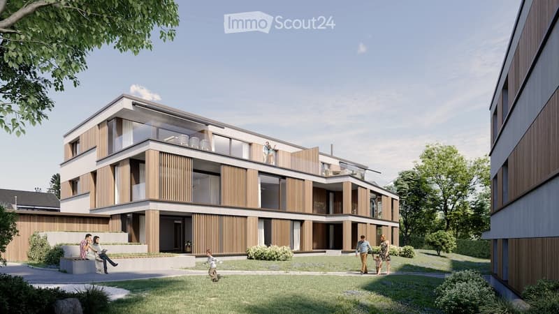 Modern multi-story residential building with wooden and white exterior walls, large windows, multiple balconies, greenery around, family walking in front