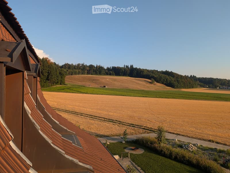 View from a balcony or terrace showing a rural landscape with fields, trees, and a house with a red-tiled roof.