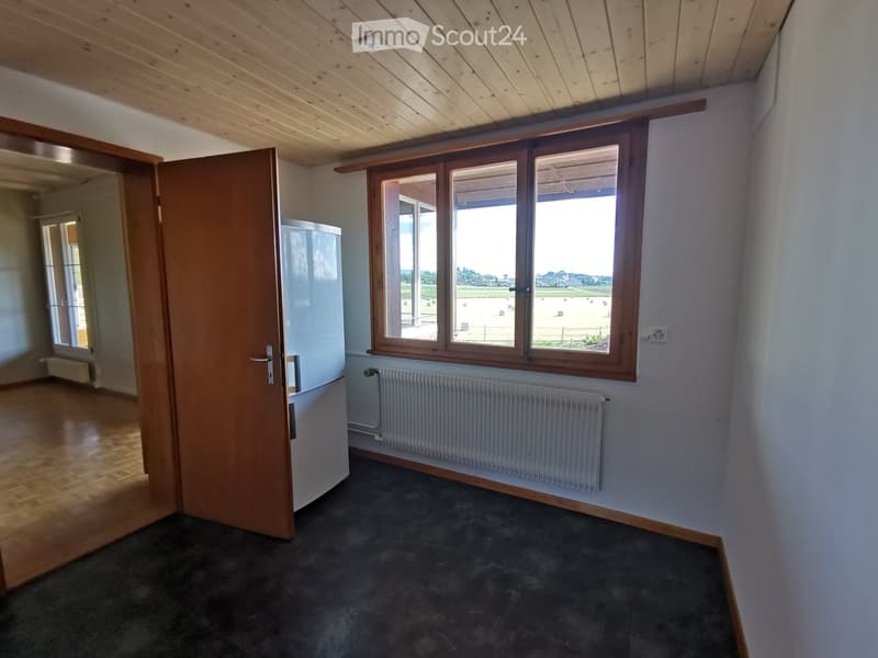 Empty room with wooden floor, carpeted area, large windows, radiator, and open door leading to another room.
