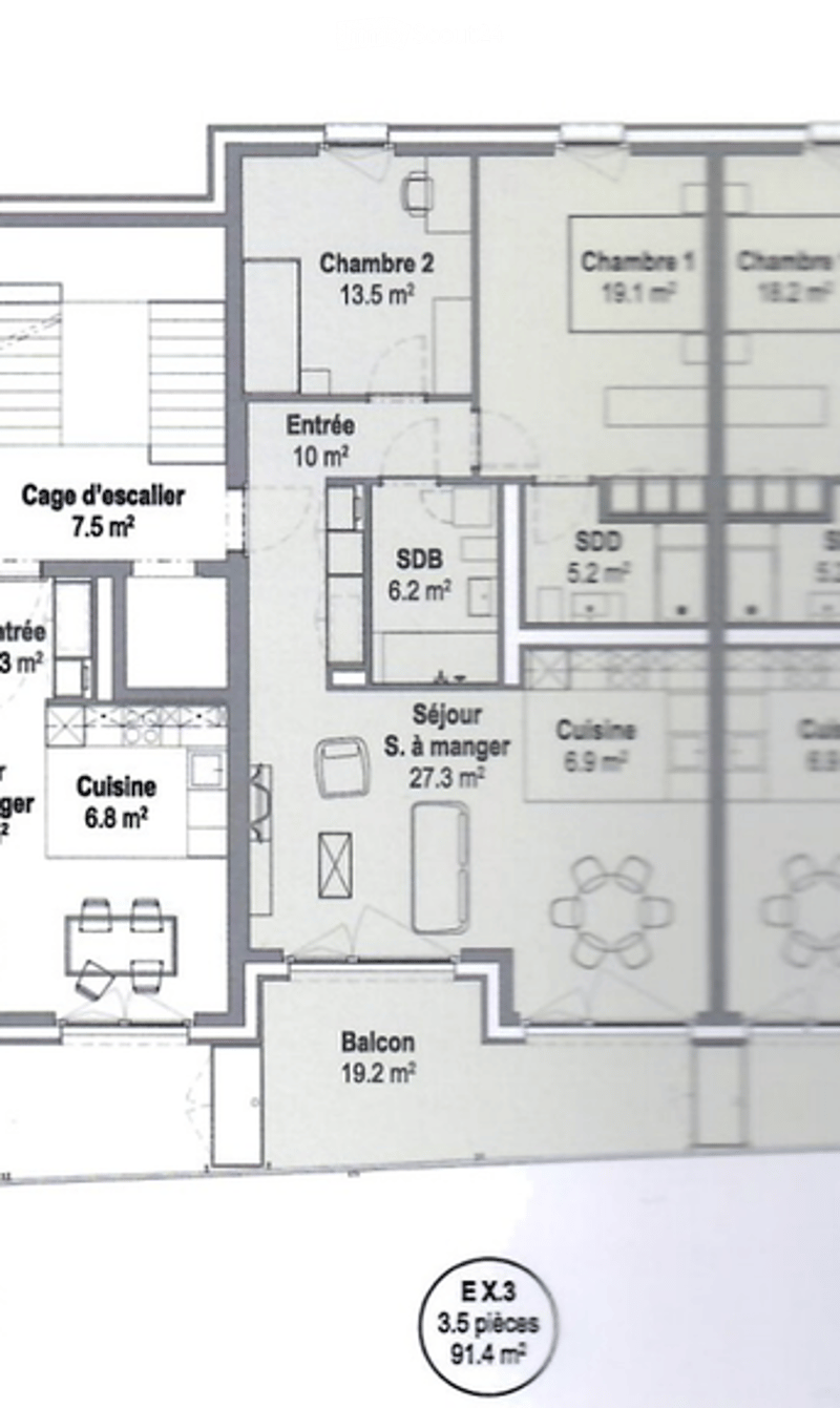Floor plan of a 3-bedroom apartment with living room, kitchen, dining area, balcony, and three bathrooms.