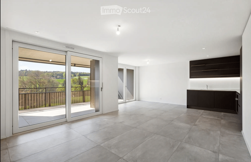 Bright, open-plan space with large sliding glass doors leading to a balcony, modern kitchen area with dark cabinets, and a view of a green landscape.