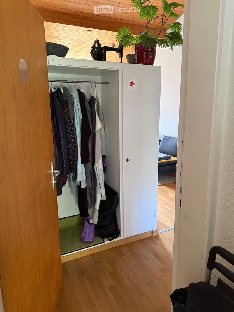 A hallway with wooden flooring, an open closet with hanging clothes, and a glimpse of a living area with a sofa and plant in the background.