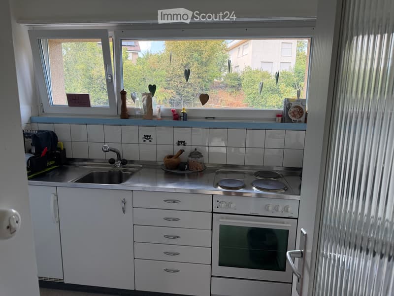 A modern kitchen with white cabinets, a stainless steel sink, a four-burner electric stove, and an oven. The kitchen features tiled walls with decorative cat stickers and a window with heart-shaped decorations.