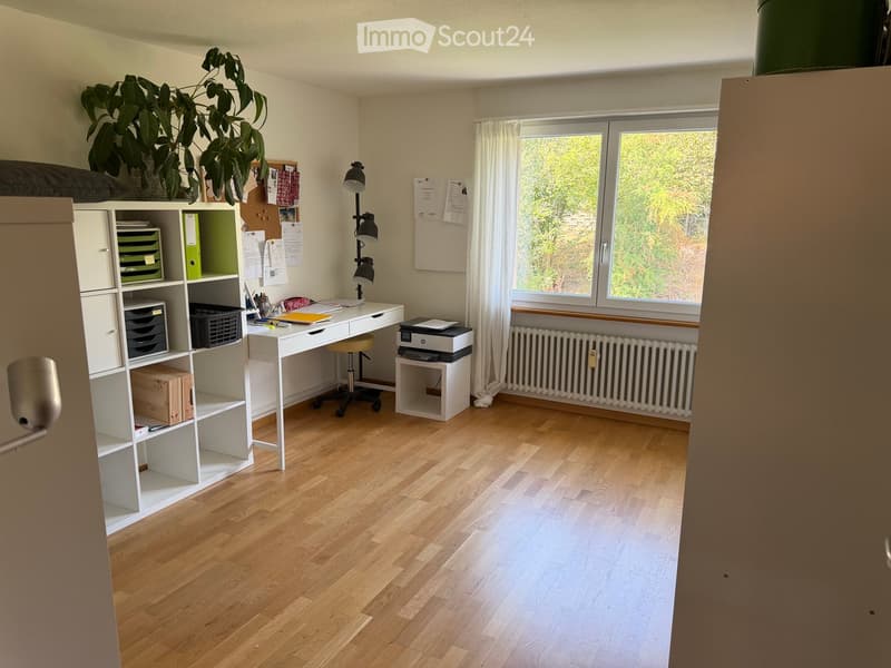 Well-lit room with wooden flooring, large window, desk, chair, printer, shelf, and a large plant.