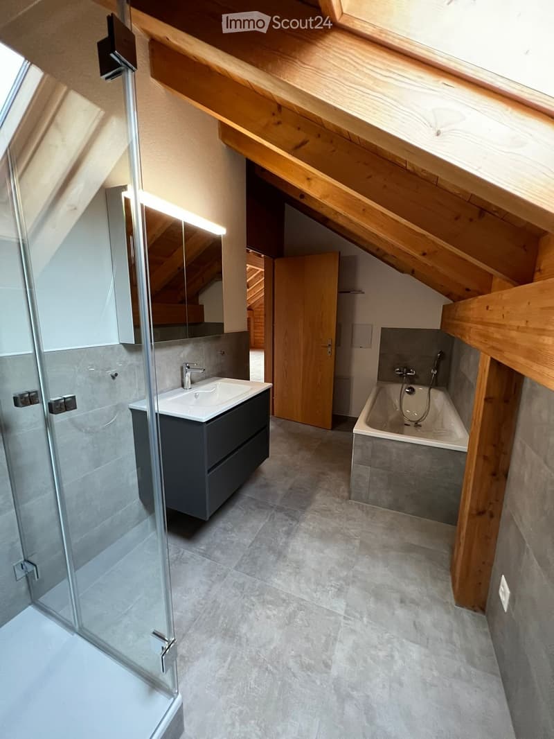 Modern bathroom with a sleek sink, bathtub, and large mirror, featuring exposed wooden beams and a glass shower enclosure.