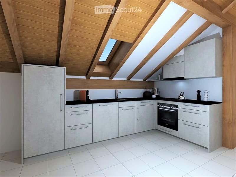 Modern kitchen with white cabinets, stainless steel appliances, and a black countertop. Features include a refrigerator, oven, toaster, and decorative vases.