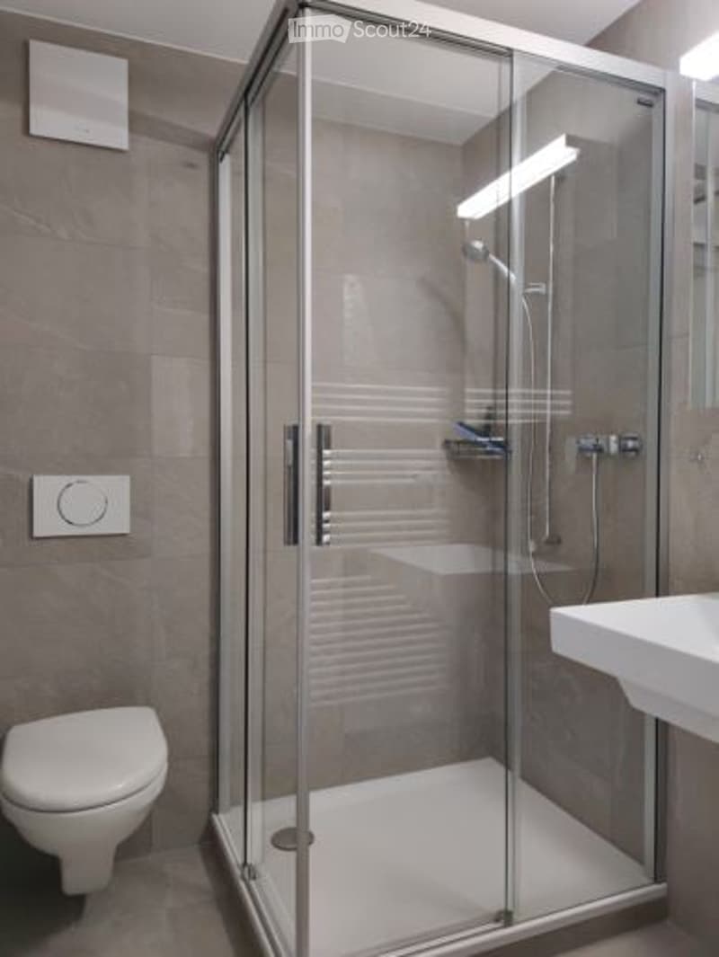 Modern bathroom with a glass-enclosed shower stall, toilet, sink, and mirror. The walls are tiled in a neutral gray color, and the shower stall features a sleek, contemporary design with a built-in shelf.