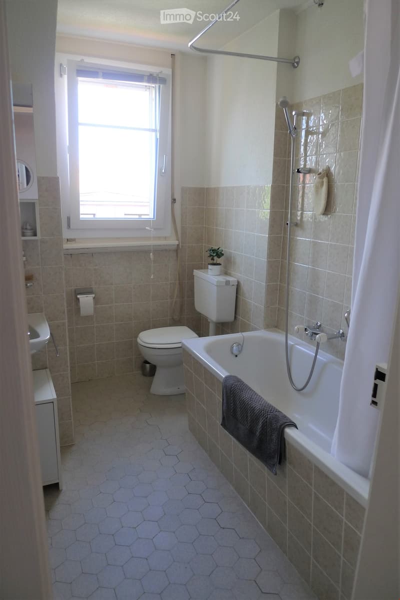 Bathroom with a bathtub, toilet, shower, towel, small plant, and a window providing natural light.