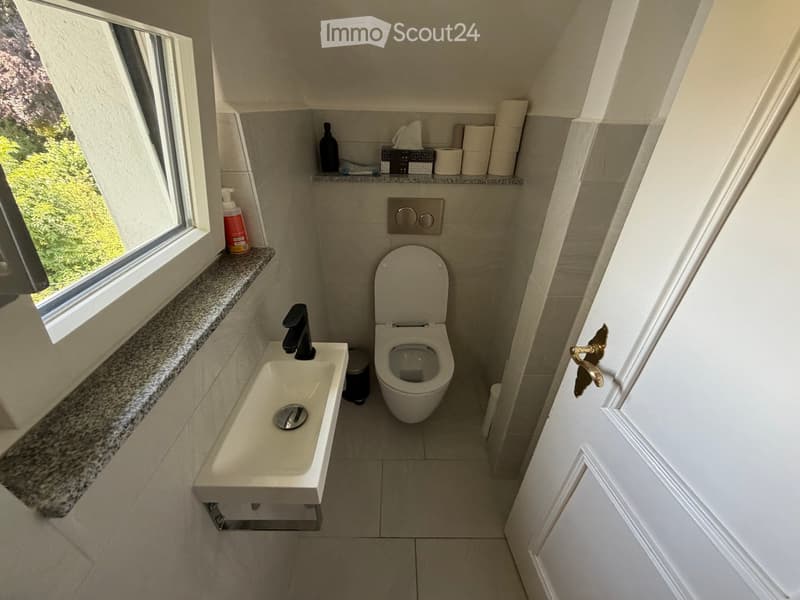 Compact bathroom with a toilet, sink, and window. Includes a granite countertop, toilet paper holder, and a bottle on the shelf.