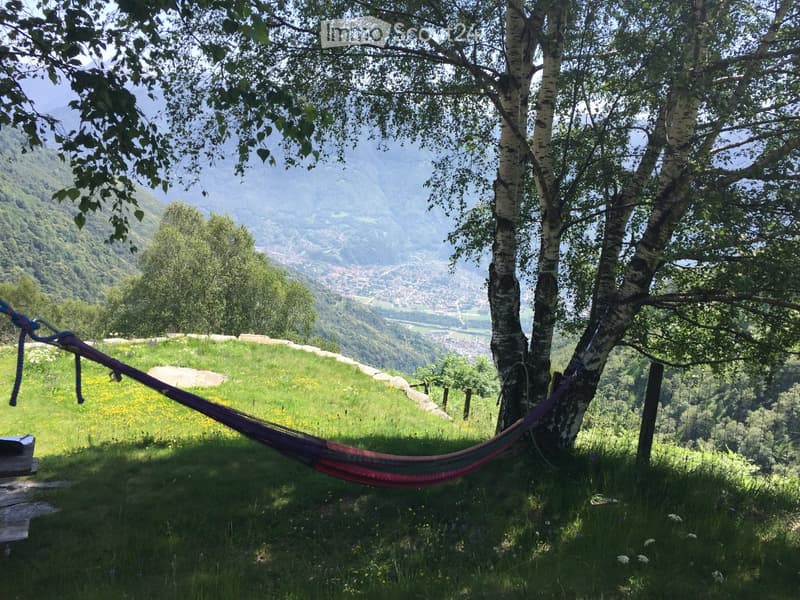 A hammock is set up on a grassy hillside with a scenic mountain view in the background.