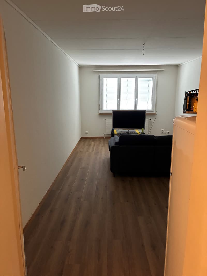 Living room with wooden flooring, white walls, and a large window with blinds. Features a black sofa, a small table with a TV, and a door on the left side.