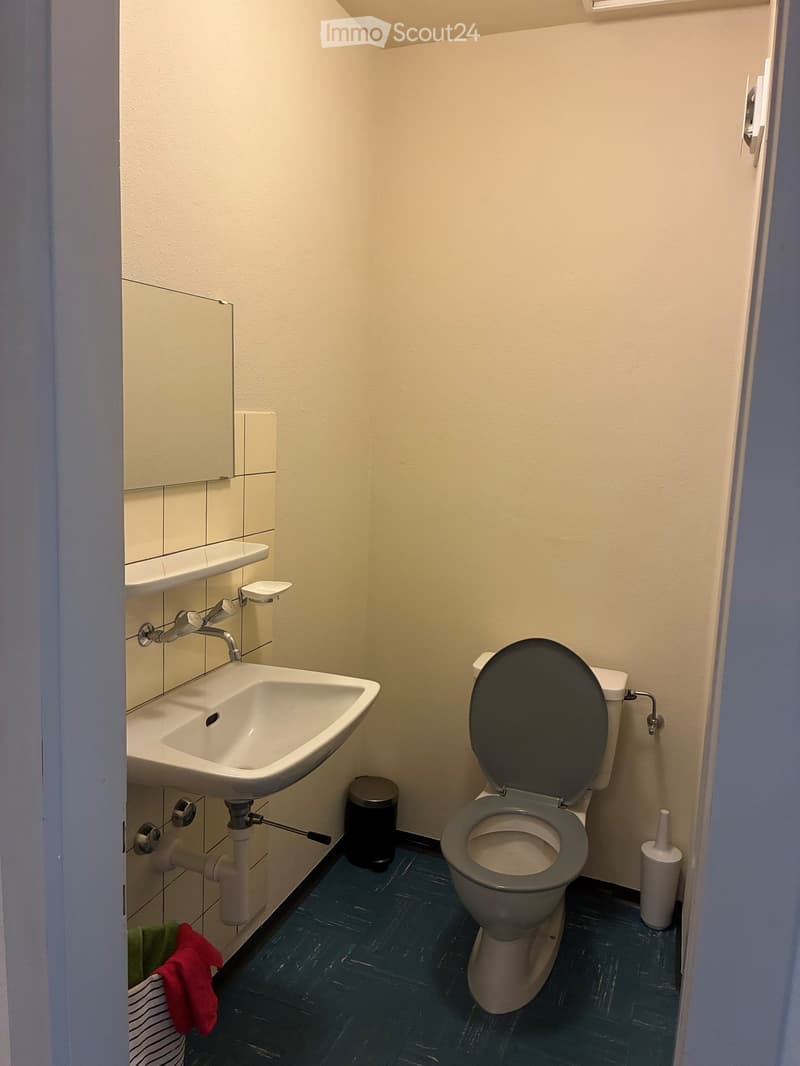 Small bathroom with a toilet, sink, mirror, and cabinet. Blue tiled floor and beige walls.