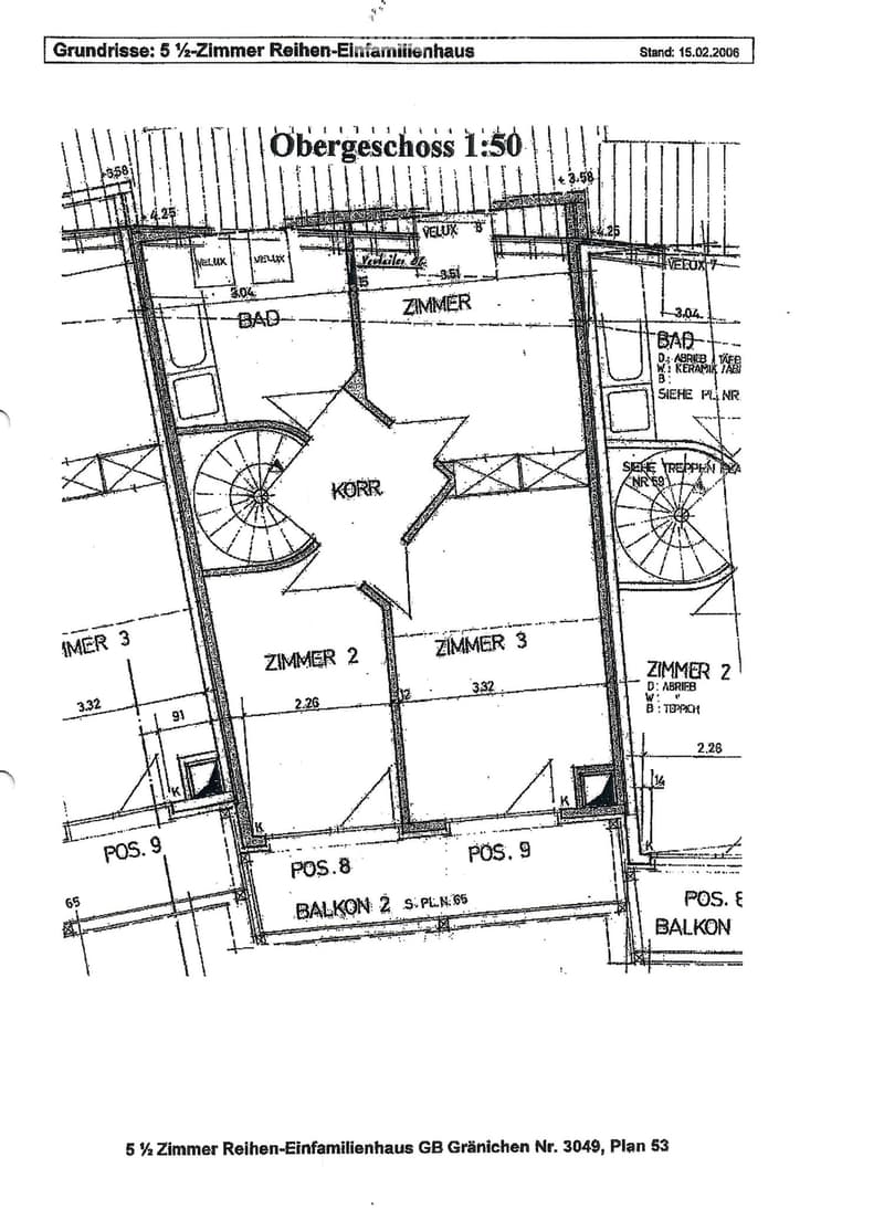 Floor plan of a 5 1/2 room row house, showing layout of rooms, bathrooms, and balconies.