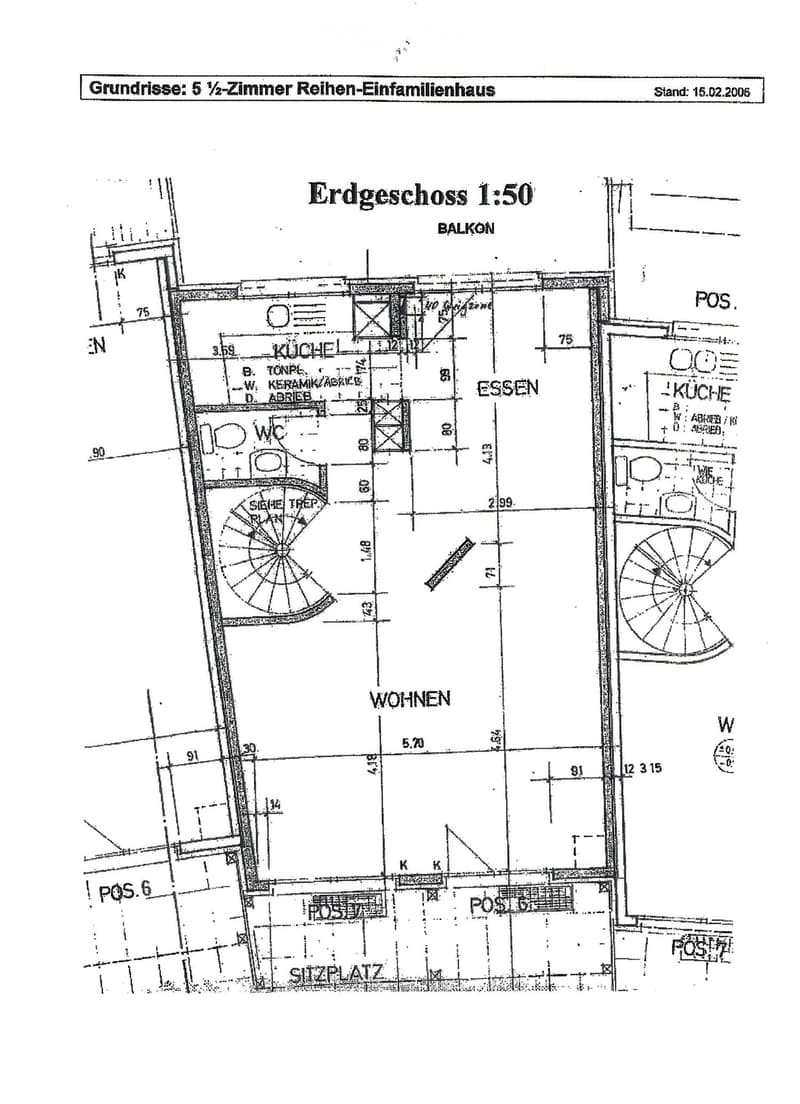Floor plan of a 5 1/2-room row house, ground floor, showing kitchen, living area, dining area, balcony, and seating area.