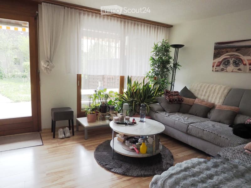 Bright living room with wooden flooring, large window with sheer curtains, grey sectional sofa with multiple throw pillows, round white coffee table, small side table, potted plants, floor lamp, and a furry throw on the floor.