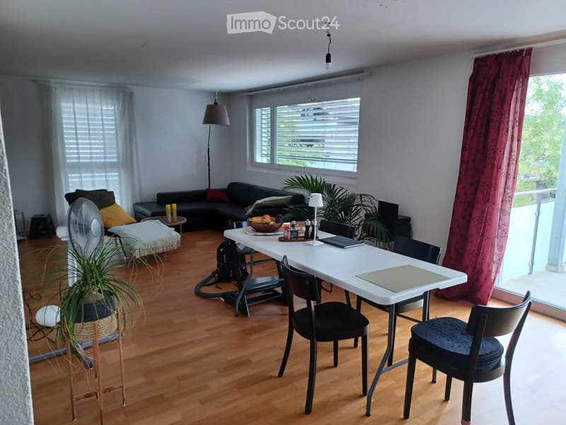A modern living room with a sofa, coffee table, dining table, chairs, a fan, and plants. The room features wooden flooring, large windows with blinds, and a balcony access.