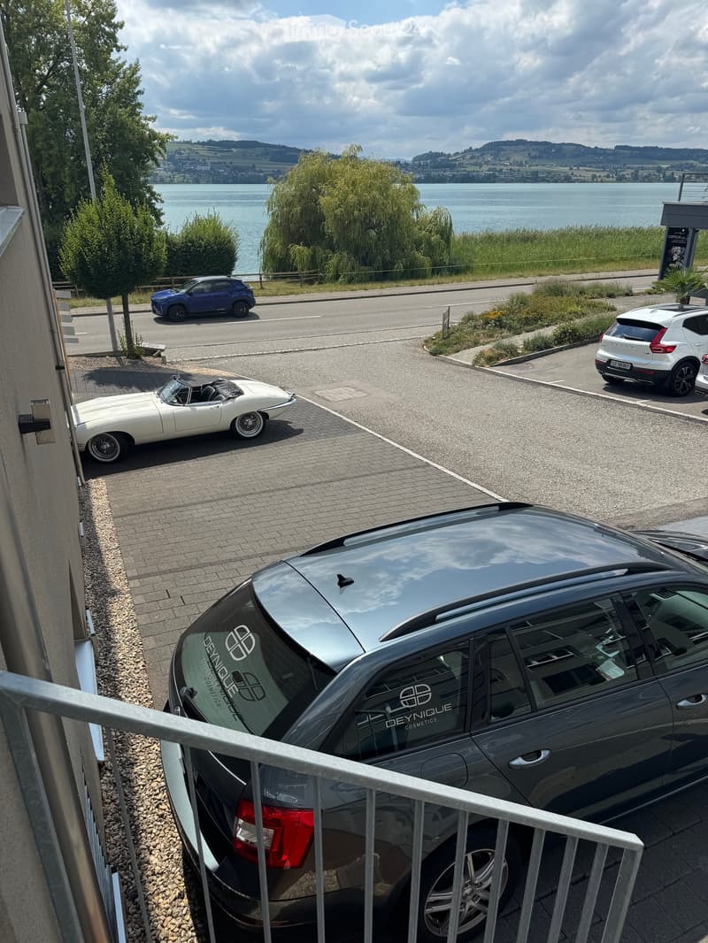View from a balcony overlooking a parking area with several cars, including a white convertible, a grey SUV, and a white SUV. The background features a scenic lake and distant hills.