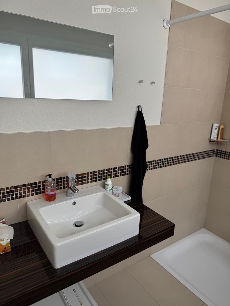 Modern bathroom with a white sink, dark wooden countertop, mirror, towel, and toiletries.