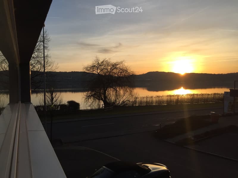 Balcony overlooking a serene lake at sunset, with trees and distant hills visible.