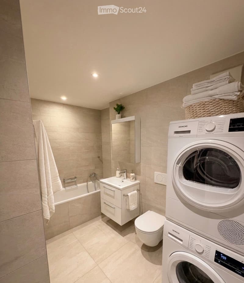 Modern bathroom with a bathtub, sink, toilet, and a stacked washing machine and dryer unit. Features include a mirror, towels, and a small plant on a shelf.