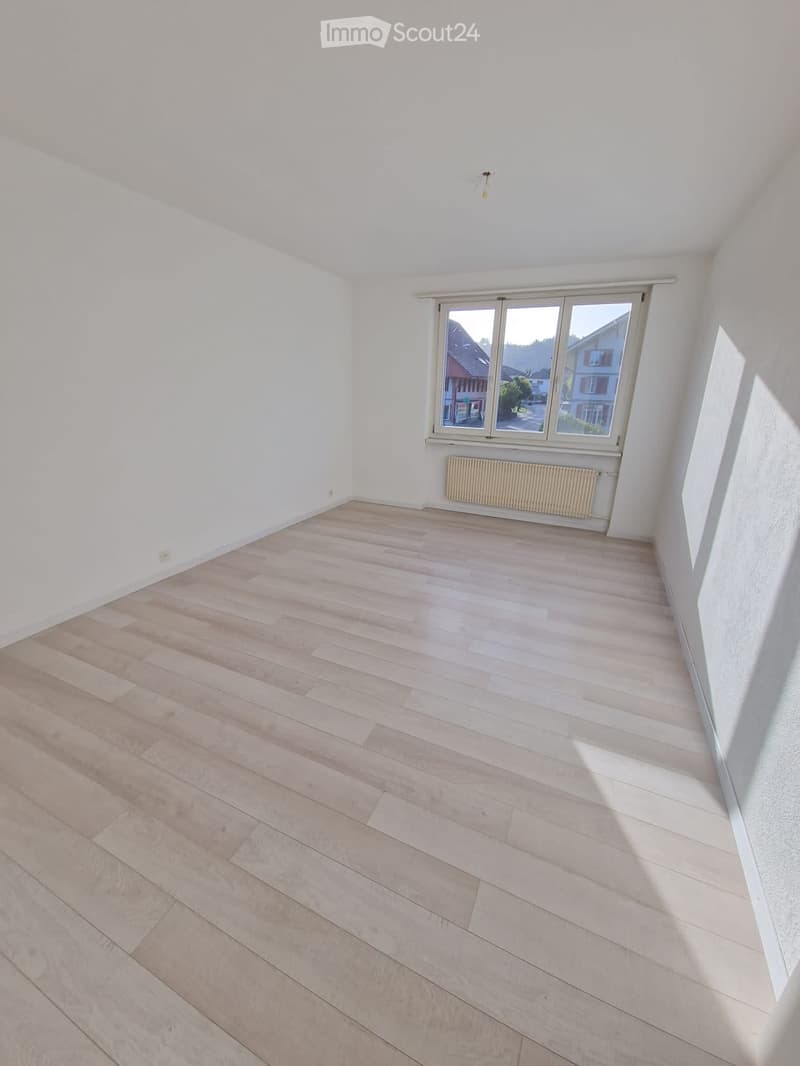 Empty room with light wooden flooring, white walls, large window with view, and radiator below the window.