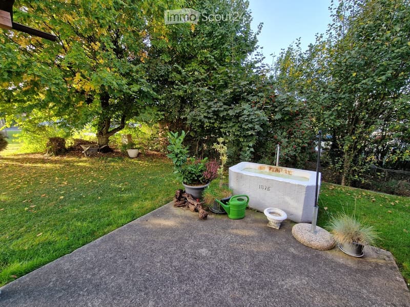 Garden area with a concrete pathway, a large tree, potted plants, a vintage bathtub, a green watering can, and a stone planter.