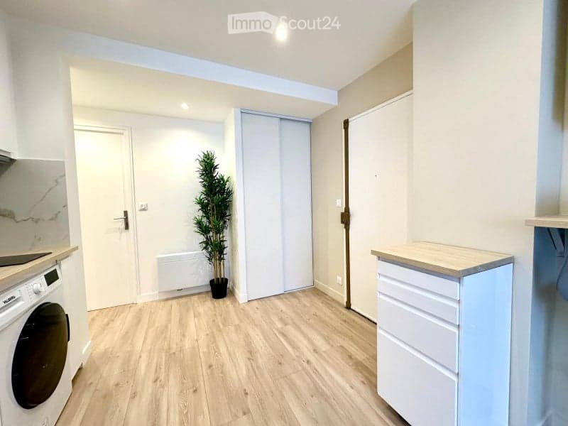 Bright, modern room with light wooden flooring, white cabinetry, a washing machine, and a potted plant near the door.