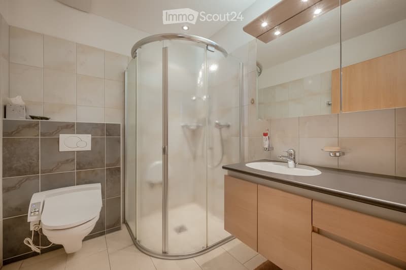Modern bathroom with a toilet, sink, mirror, and a glass-enclosed shower. Features wooden cabinets and tiled walls.
