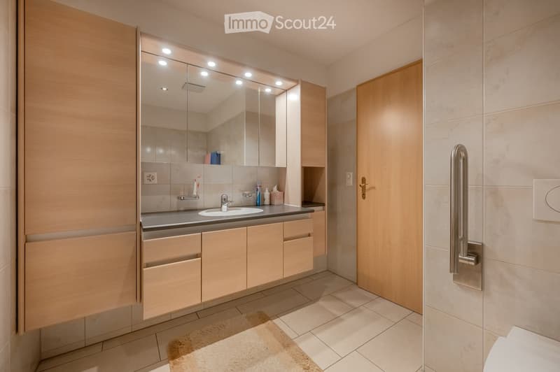 Modern bathroom with a large mirrored cabinet, sink, and toilet. Features wooden cabinets, a tiled floor, and a light-colored rug.