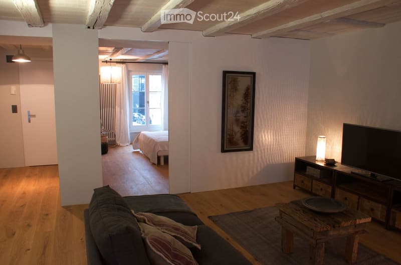 Open-plan living and bedroom area with wooden flooring, exposed wooden beams, a grey sofa, coffee table, TV stand, and a bed in the adjacent room.