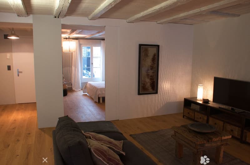 Open-plan living and bedroom area with wooden flooring, exposed wooden beams, a grey sofa, coffee table, TV stand, and a bed in the adjacent room.