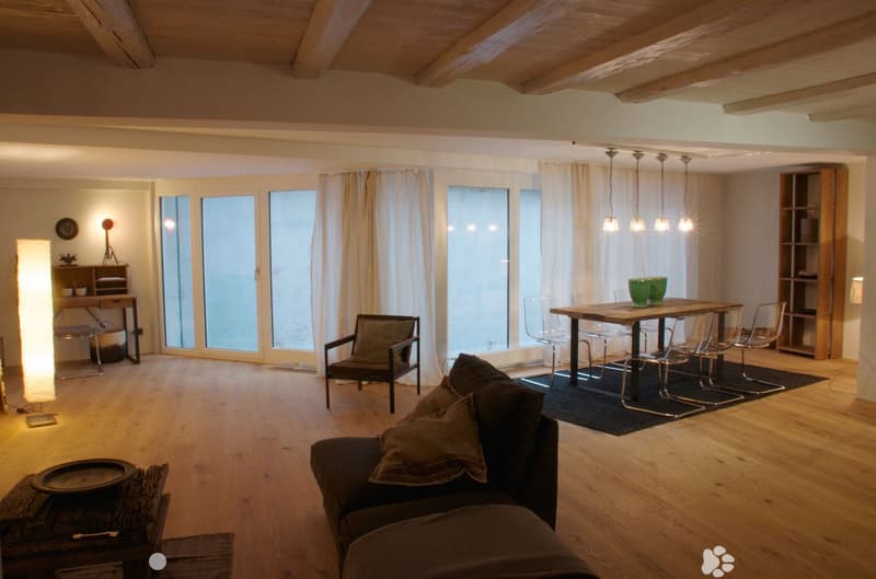 Bright living room with wooden floors, large windows, a sofa, a dining table with chairs, pendant lights, and shelves.