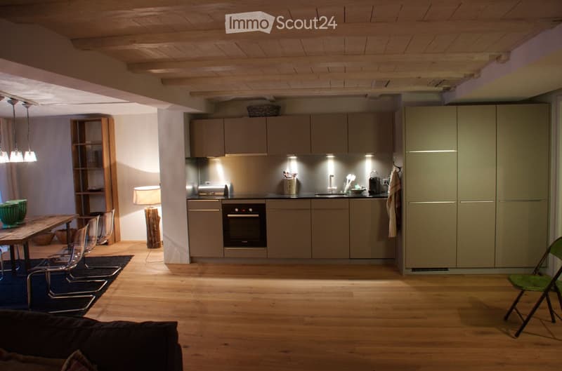 Open-plan living and dining area with a kitchen. Features a wooden dining table with chairs, a sofa, kitchen cabinets, an oven, and a sink.