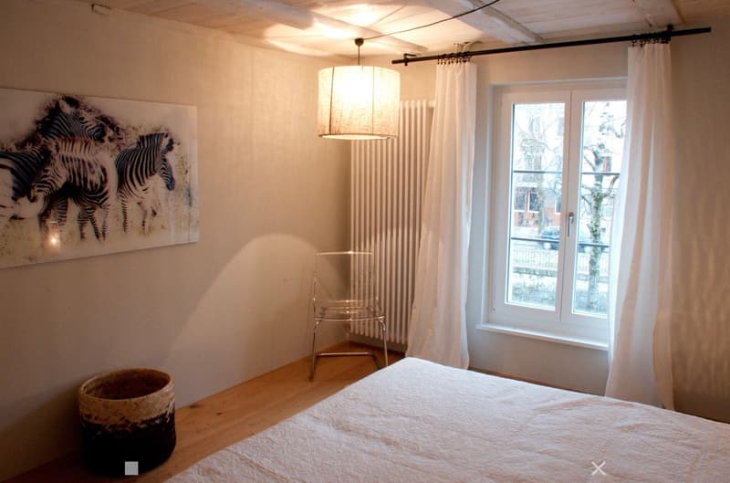 A modern bedroom with a large bed, a wicker basket, a metal chair, a large picture frame of zebras, and a hanging lamp. The room has wooden flooring and large windows with white curtains.