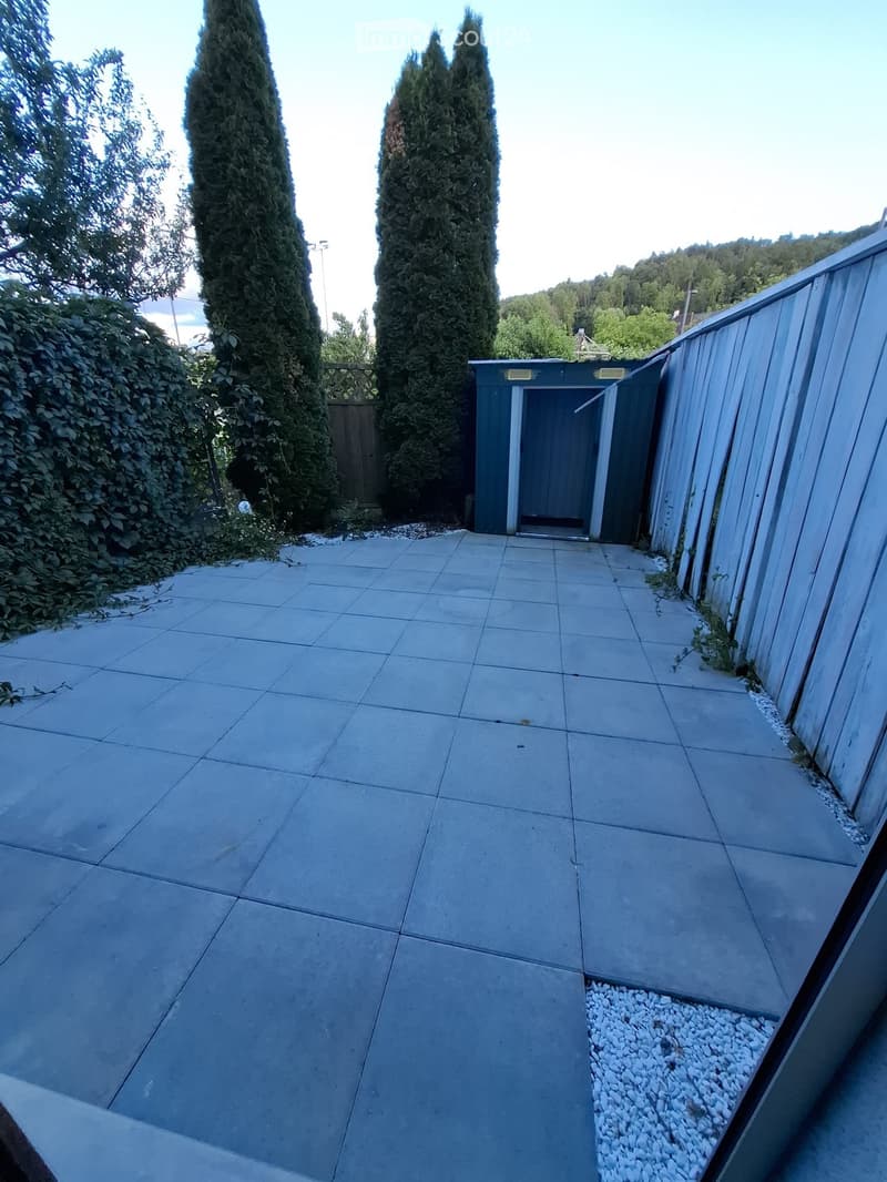 A paved outdoor area with a small shed, surrounded by tall trees and a wooden fence. The ground is covered with large concrete tiles, and there is a small section of white gravel near the fence.
