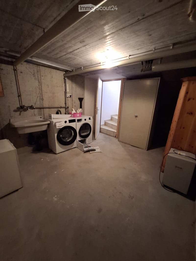 Basement laundry area with a washing machine, sink, and a small stool for folding clothes.
