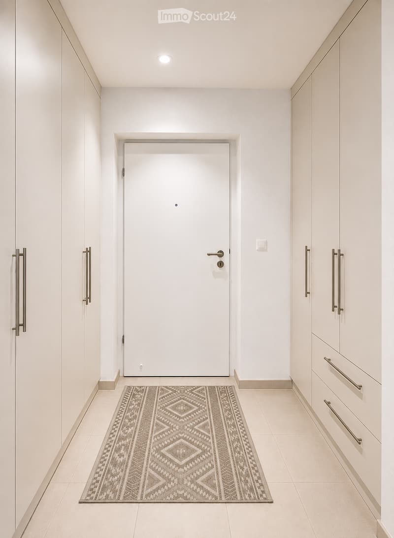 Modern hallway with white walls, built-in cabinets, and a patterned rug on the floor.