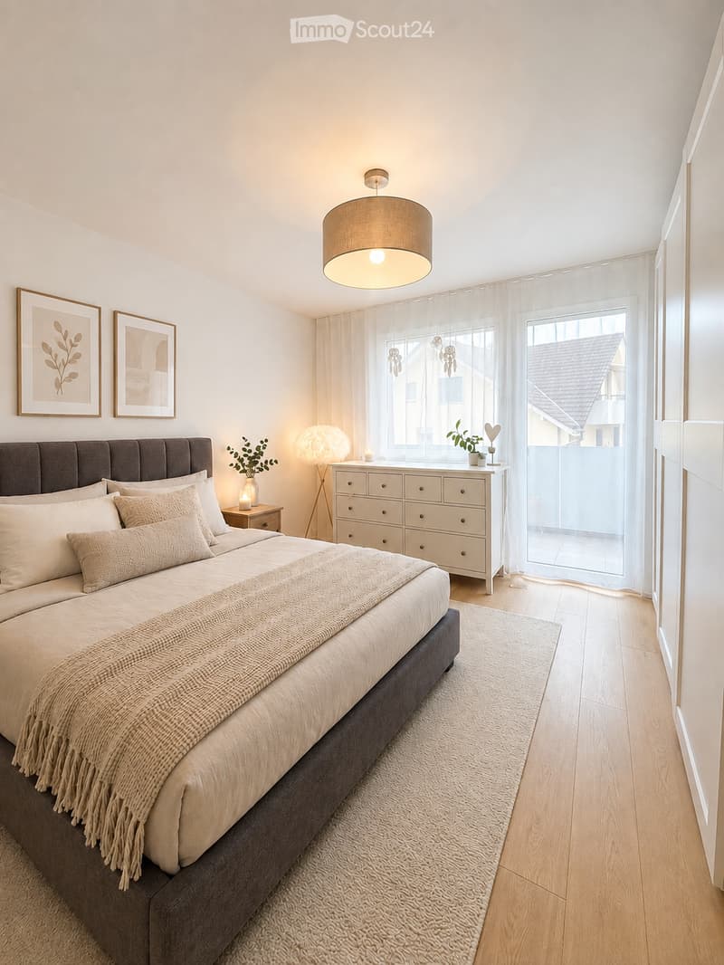 Modern bedroom with a large bed, nightstand, drawer unit, table lamp, floor lamp, picture frames, and a small plant on the windowsill.