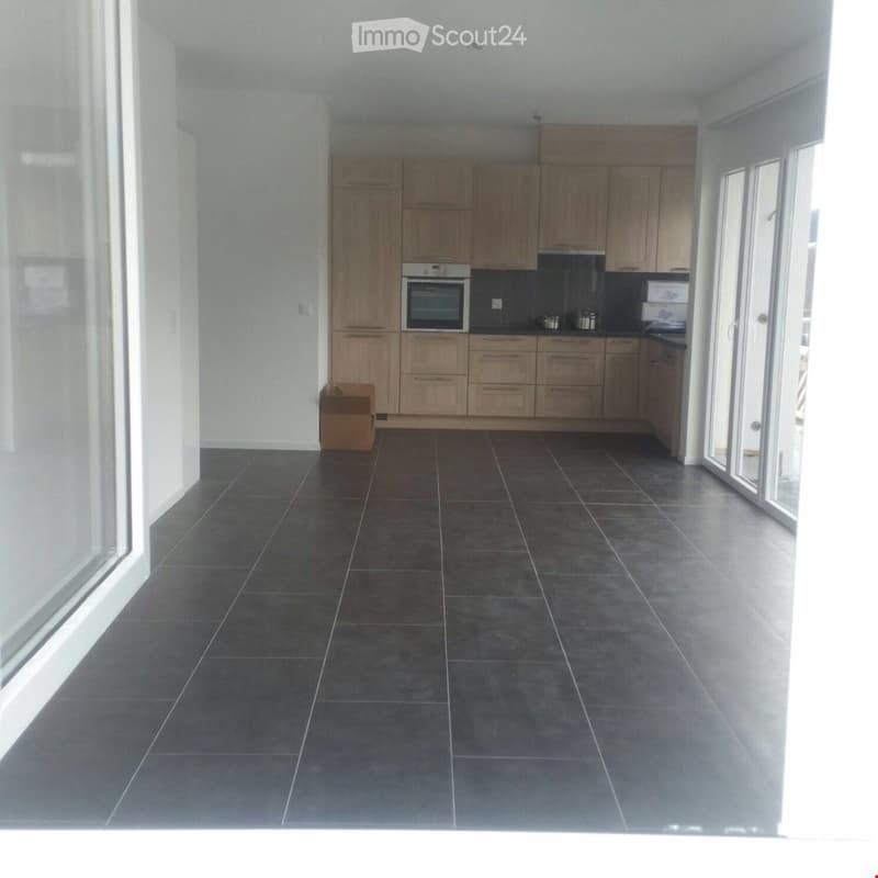 Modern kitchen with light wooden cabinets, dark tiled floor, and stainless steel appliances including an oven, sink, and faucet. A cardboard box is placed near the cabinets.