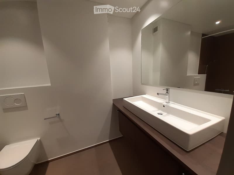 Modern bathroom with a white sink, chrome faucet, large mirror, and toilet. Light-colored walls and wooden flooring.