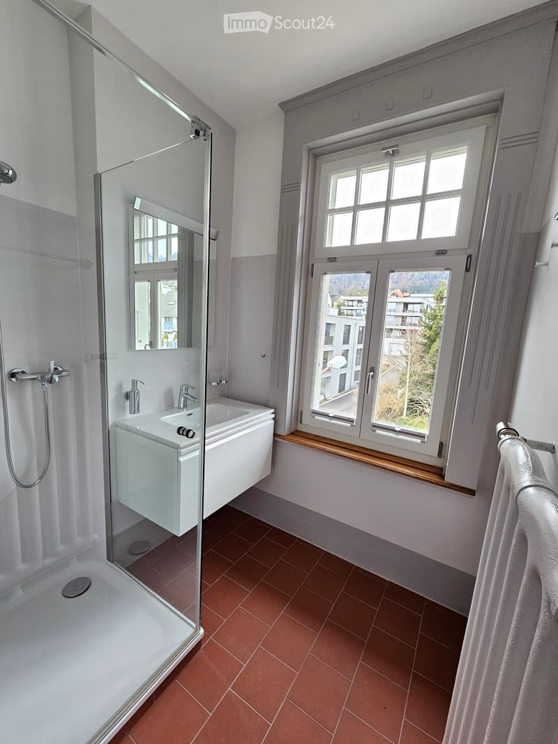 Shower, sink, mirror, window, tiles