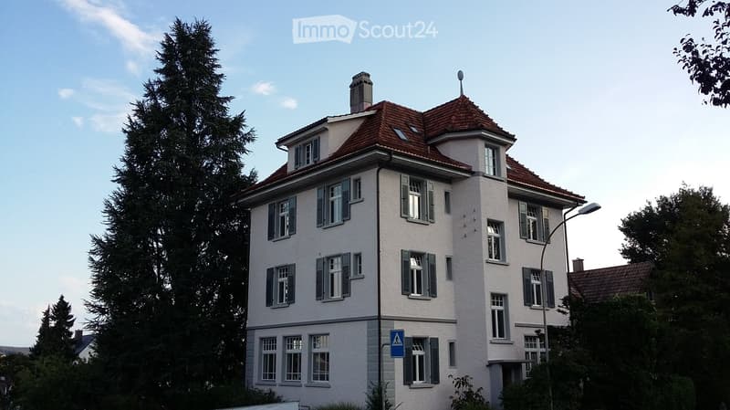 2 story house, white wall, brown roof, chimney, many windows