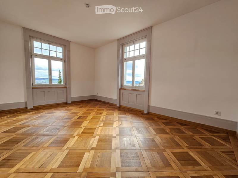 wooden parquet floor, two large windows, white walls, power outlet, view of a town in the distance